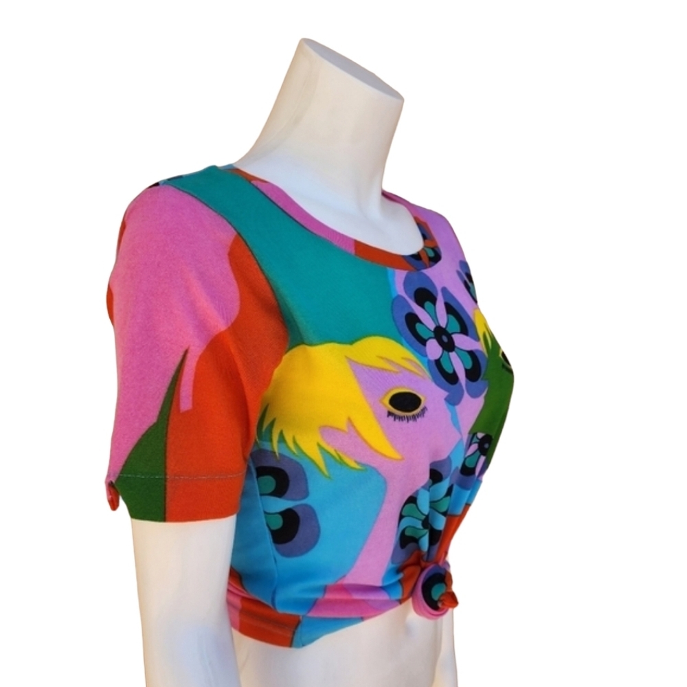 VINTAGE Floral Tee S Italy Paris Punk GoGo Retro Stretch Artsy Graphic - Picture 5 of 14